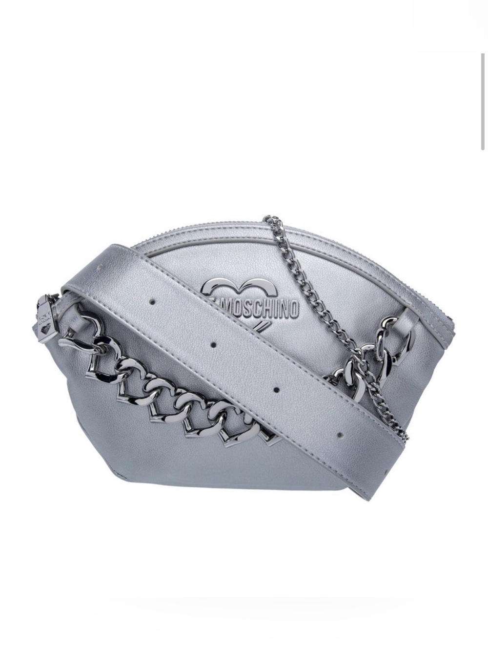 Moschino Silver Metallic Leather Crossbody Belt Bag